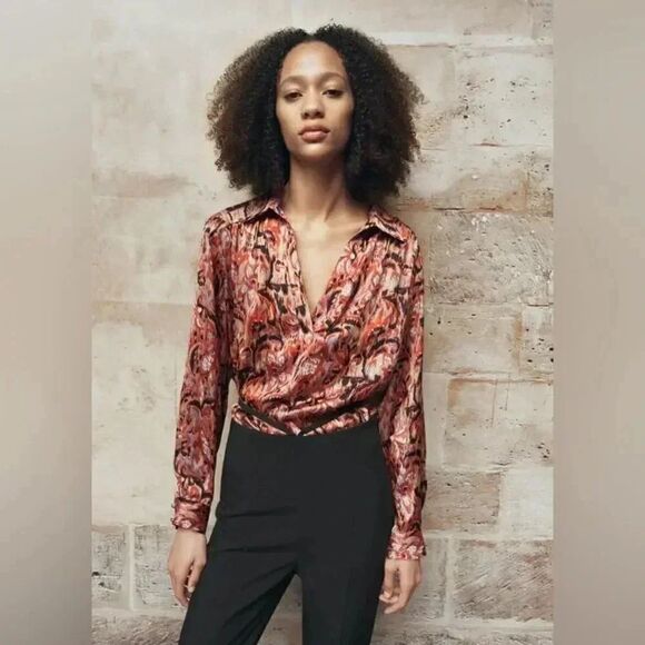 ZARA FLOWY PRINTED SATIN EFFECT BLOUSE - Picture 1 of 9